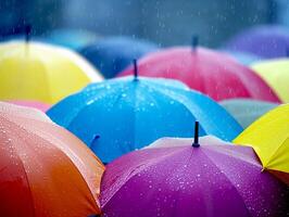 ai gerado colorida guarda-chuvas dentro a chuva. raso profundidade do campo foto