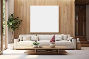 ai gerado interior do moderno vivo quarto com branco sofá e zombar acima poster foto