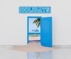 de praia período de férias conceito com aberto porta e areia foto