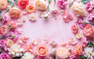 ai gerado foto do 8ª do marcha mulheres dia fundo com decorado flores em uma mesa, em tons pastéis, alegre, plano deitar, a sobrecarga tiro com cópia de espaço