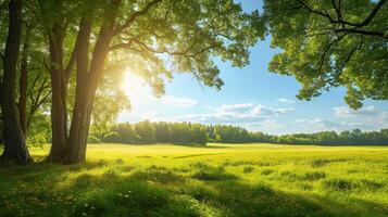 ai gerado panorama dentro verão com árvores e prados dentro brilhante brilho do sol foto