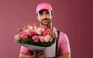 ai gerado Entrega homem segurando ramalhete do flores em Rosa fundo foto