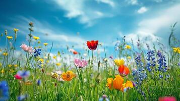 ai gerado lindo Primavera panorama com colorida flores silvestres dentro uma verde Prado em uma azul dia foto