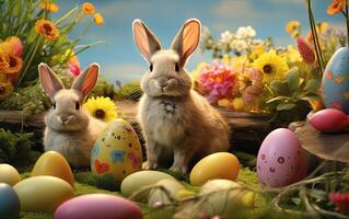 ai gerado festivo Páscoa bandeira com brincalhão coelhos, ovos, e flores, trazendo colorida alegria para a ocasião foto