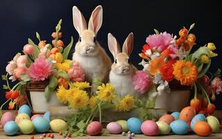 ai gerado festivo Páscoa bandeira com brincalhão coelhos, ovos, e flores, trazendo colorida alegria para a ocasião foto