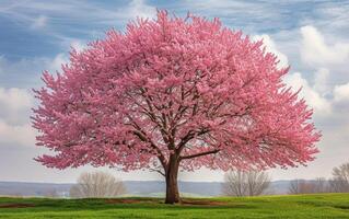 ai gerado uma lindo cereja árvore dentro cheio florescer, Está concurso flores criando a encantador exibição do da natureza elegância foto