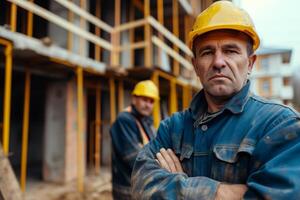 ai gerado retrato do construtor em fundo do casa debaixo construção foto