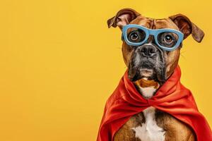 ai gerado cachorro dentro uma Super heroi traje em uma amarelo fundo foto