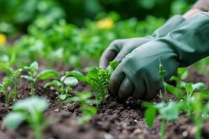 ai gerado jardineiro plantas mudas dentro solo dentro estufa foto