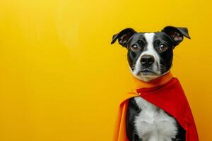 ai gerado cachorro dentro uma Super heroi traje em uma amarelo fundo foto