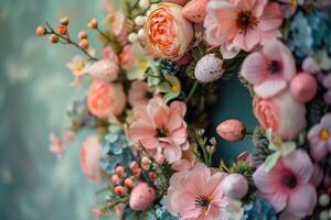 ai gerado fechar-se do Páscoa guirlanda adornado com delicado Rosa flores, incorporando a essência do Primavera foto