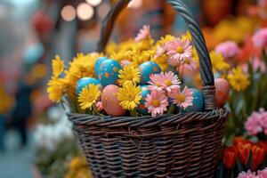 ai gerado Páscoa cesta preenchidas com pastel colori ovos e Primavera flores Incluindo margaridas e gerberas foto