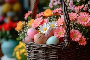 ai gerado Páscoa cesta preenchidas com pastel colori ovos e Primavera flores Incluindo margaridas e gerberas foto