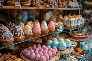 ai gerado Páscoa padaria exibição com decorativo ovo guloseimas Incluindo bolos e biscoitos em forma gostar decorativo ovos foto