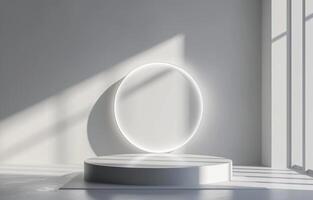 ai gerado uma circular luz fixação em uma branco pedestal, marca posicionamento conceito foto