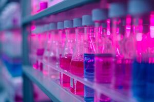 ai gerado laboratório artigos de vidro com Rosa líquido dentro científico laboratório. foto