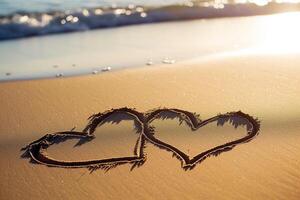 ai gerado dois corações desenhado dentro a areia em uma de praia às pôr do sol foto