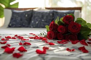 ai gerado vermelho rosas em a cama dentro a quarto foto