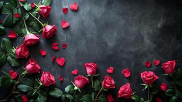 ai gerado vermelho rosas e espalhados coração pétalas em uma Sombrio fundo com cópia de espaço foto