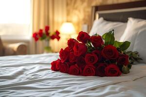 ai gerado uma ramalhete do vermelho rosas colocada em cama foto