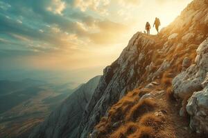 ai gerado casal do caminhantes em topo do uma montanha dentro a pôr do sol foto