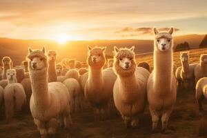 ai gerado rebanho do alpacas às pôr do sol foto