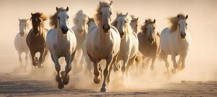 ai gerado grupo do cavalos corrida galope dentro a deserto. foto