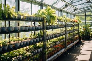 ai gerado linhas do em vaso plantas debaixo estufa vidro painéis. preparação para plantio dentro Primavera foto