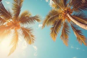 ai gerado azul céu e Palma árvores Visão a partir de abaixo, vintage estilo, tropical de praia e verão fundo, viagem conceito foto