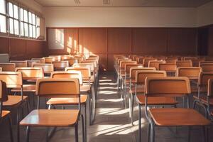 ai gerado esvaziar sala de aula. costas para escola conceito dentro Alto escola. vintage de madeira cadeiras e mesas. estudando lições dentro secundário Educação. foto