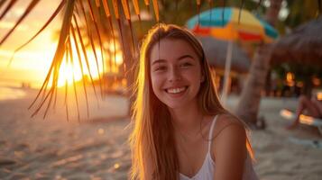 ai gerado uma sorridente jovem mulher sentado em a de praia às pôr do sol foto