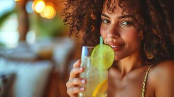 ai gerado uma mulher com encaracolado cabelo segurando uma vidro do limonada foto