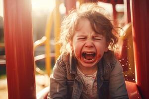 ai gerado uma pequeno menina é gritando em uma Parque infantil deslizar foto