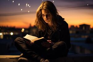 ai gerado adolescente sentado em uma telhado, absorvido dentro uma livro. foto