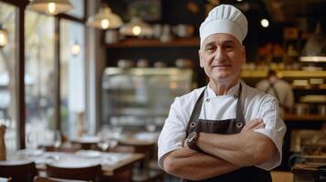 ai gerado sorridente chefe de cozinha com braços cruzado dentro profissional cozinha foto