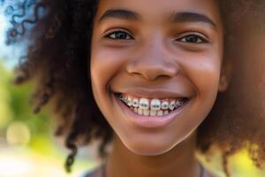 ai gerado sorridente africano americano menina com dental suspensórios foto