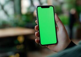 ai gerado jovem mulher usando Smartphone com verde croma chave tela com casa fundo, tecnologia conceito foto