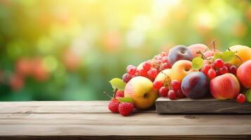 ai gerado esvaziar de madeira mesa topo dentro tropical fruta com borrão fundo do Comida árvores modelo zombar acima para exibição do produtos. foto