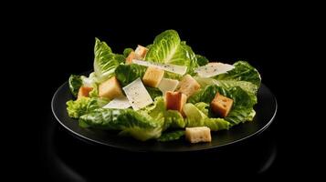 ai gerado fechar-se Visão do tradicional clássico César salada em Sombrio fundo. estúdio curto fotografia. croutons, luz César vestir, raspada parmesão queijo e alface romana alface misturar. foto