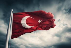 ai gerado acenando turco bandeira contra a fundo do a Sombrio nuvem. foto