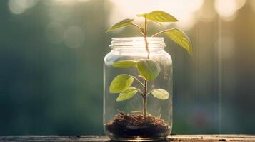 ai gerado fechar acima do uma jovem plantar brotando a partir de a solo dentro vidro jar. foto