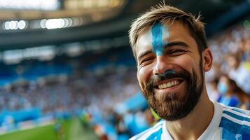 ai gerado Argentina ventilador com pintado face torcendo às estádio evento com embaçado fundo e espaço para texto foto