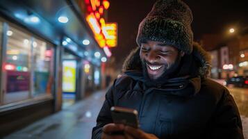 ai gerado feliz barbudo homem com uma agradável sorrir olhando às dele Smartphone enquanto esperando às a ônibus estação foto