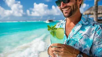 ai gerado ensolarado verão dia às paraíso de praia homem saboreando Mojito, deixando espaço para texto posicionamento foto