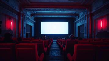 ai gerado moderno cinema em branco branco tela brincar com vermelho assentos e público desfrutando uma filme experiência foto