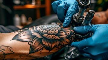 ai gerado profissional tatuagem artista fazer uma detalhado Projeto em uma mulher s perna dentro uma moderno estúdio foto