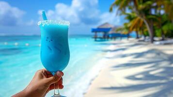 ai gerado homem desfrutando azul havaiano coquetel em paraíso de praia dentro caloroso verão onda de calor com cópia de espaço foto