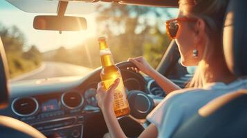 ai gerado imprudente dirigindo jovem mulher dirigindo debaixo a influência do álcool com Cerveja garrafa dentro mão foto