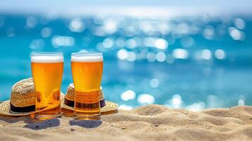 ai gerado romântico casal desfrutando Cerveja em paraíso de praia em uma caloroso ensolarado verão dia com cópia de espaço foto