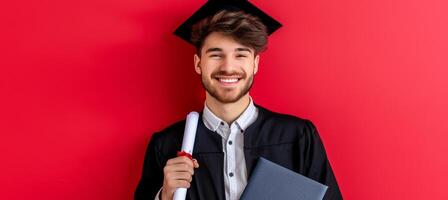 ai gerado feliz graduado com diploma em vermelho estúdio fundo, amplo espaço para texto colocação. foto